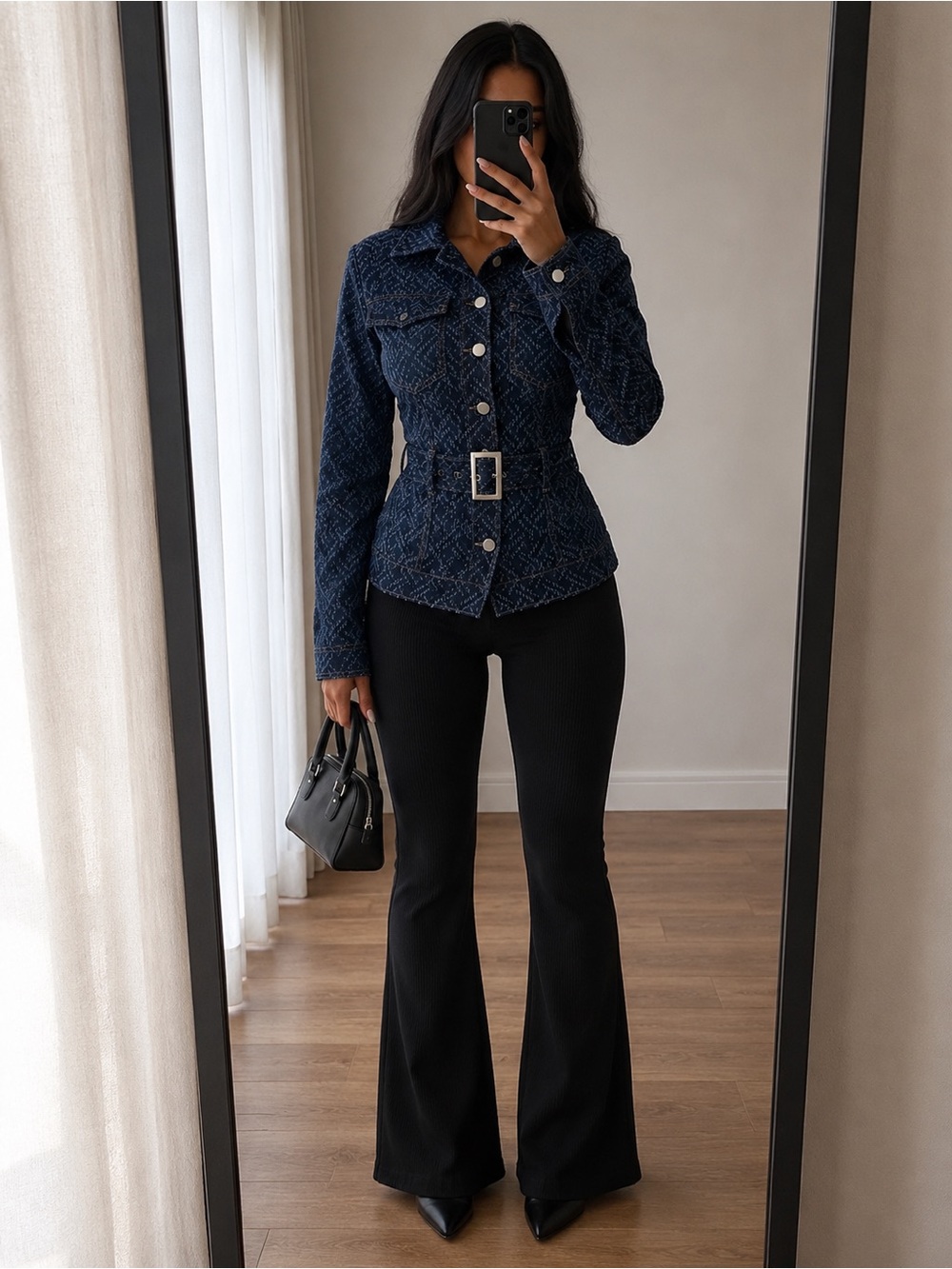 Fashion Nova Blue Patterned Belted Jean Jacket